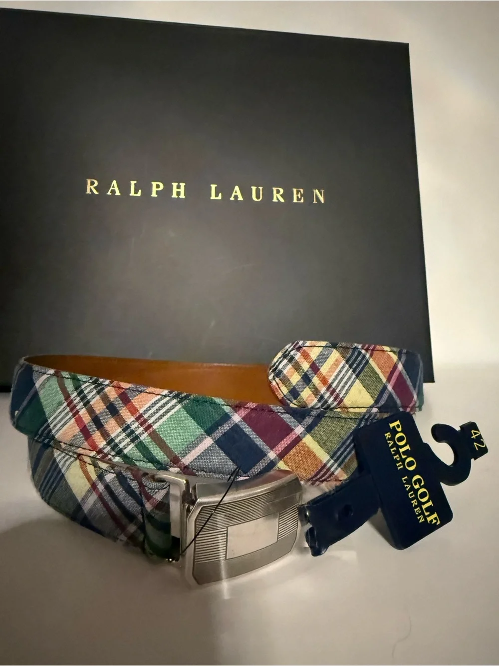 Polo Golf Ralph Lauren Men’s Plaid Belt Size 42 NWT Multicolor Leather